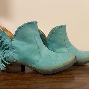 Circle G Turquoise Suede Ankle Booties with Fringe